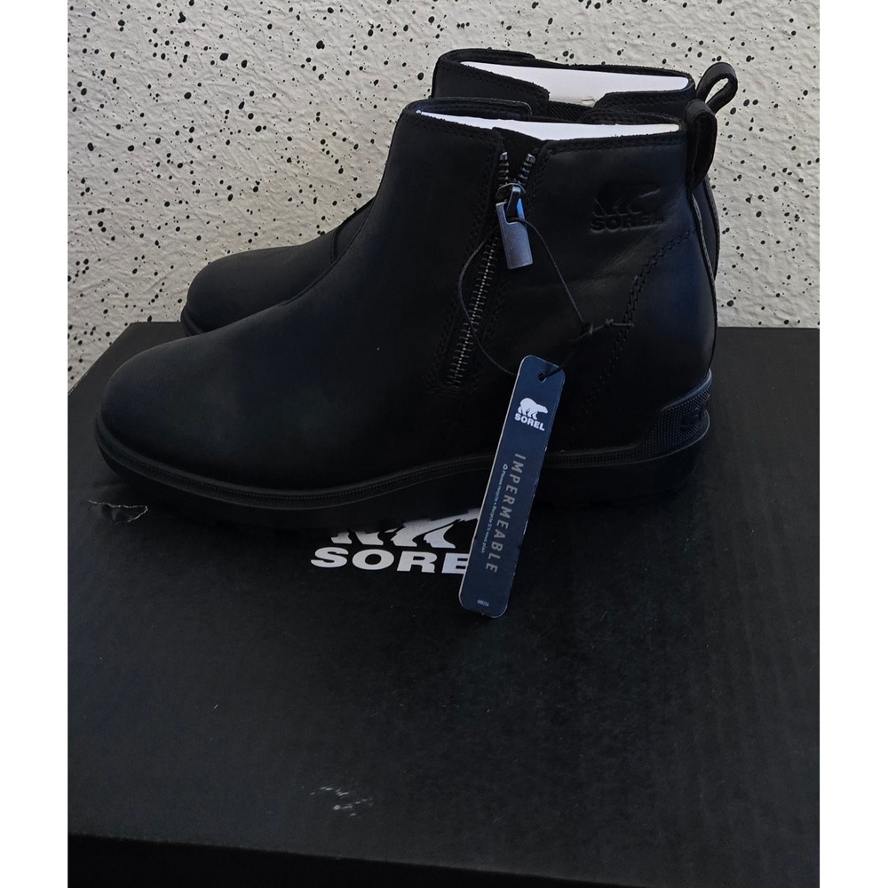 Sorel Evie II Zip Black Leather Waterproof Ankle Boots NL5025-010 Womens 7